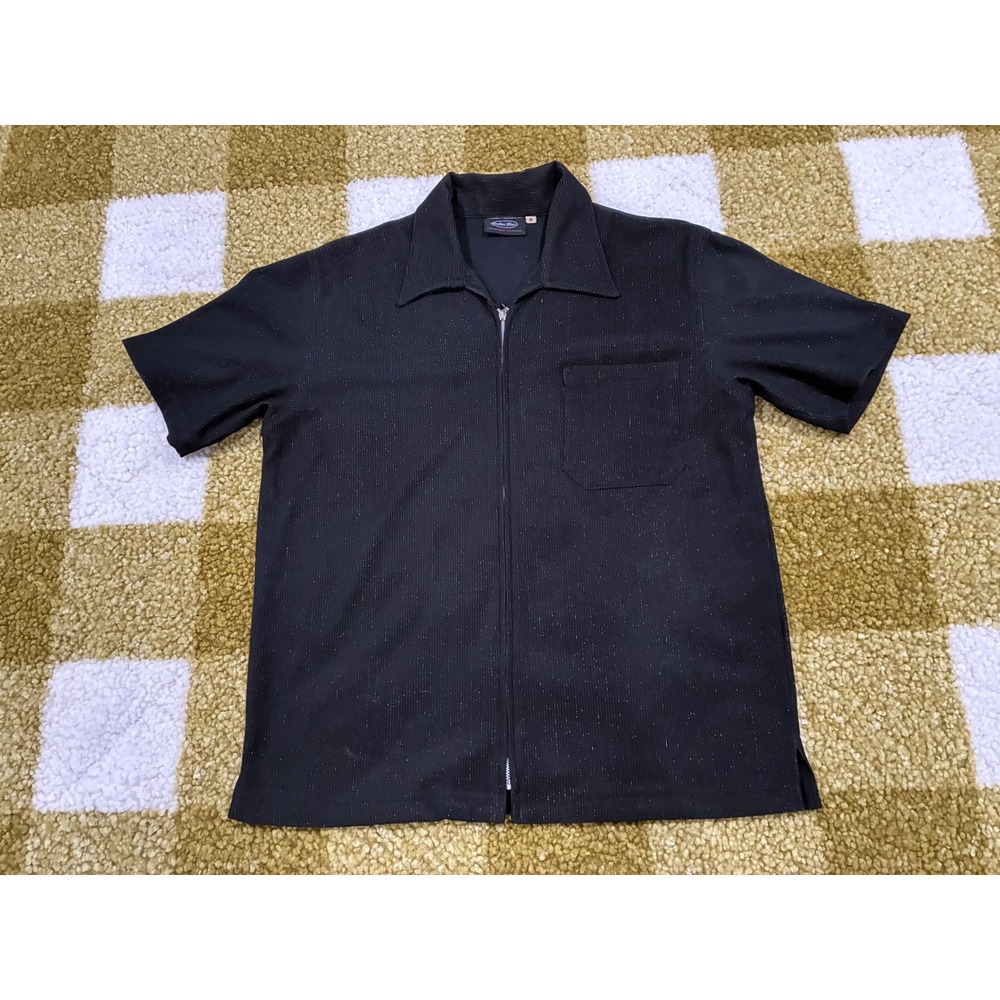 Anchor Blue Mens Black Silver Metallic Stripe Zip Up Short Sleeve Shirt Small